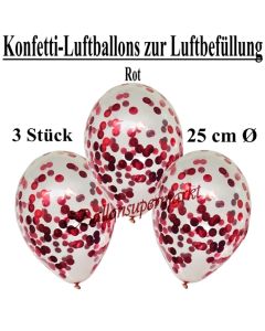 Konfetti-Luftballons 25 cm, Kristall, Transparent mit rotemem Konfetti gefüllt, 3 Stück