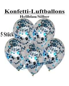 Konfetti-Luftballons 30 cm, Kristall, Transparent mit hellblauem und silbernem Konfetti gefüllt, 5 Stück