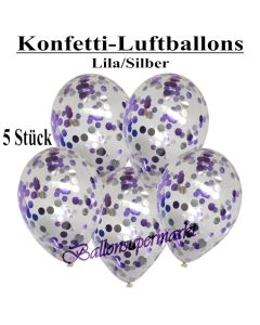 Konfetti-Luftballons 30 cm, Kristall, Transparent mit fliederfarbenem und silbernem Konfetti gefüllt, 5 Stück
