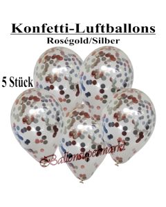 Konfetti-Luftballons 30 cm, Kristall, Transparent mit roségoldenem und silbernem Konfetti gefüllt, 5 Stück