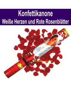 Konfettikanone mit weißen Herzen und roten Rosenblättern