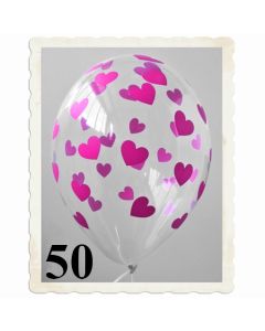 Luftballons 30 cm, Kristall, Transparent mit pinken Herzen, 50 Stück