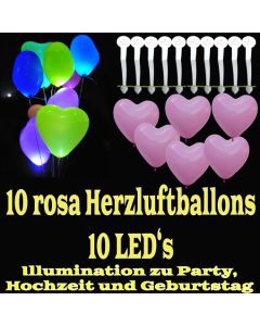 LED-Herzluftballons, Rosa, 10 Stück