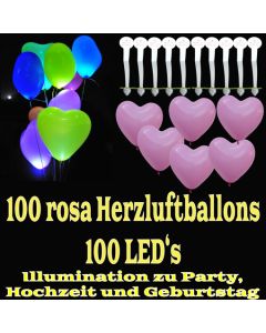 LED-Herzluftballons, Rosa, 100 Stück