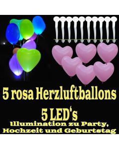 LED-Herzluftballons, Rosa, 5 Stück