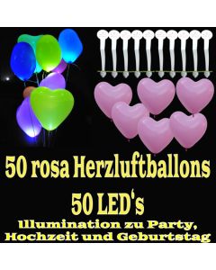 LED-Herzluftballons, Rosa, 50 Stück