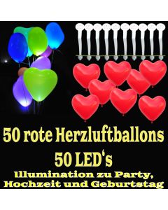 LED-Herzluftballons, Rot , 50 Stück