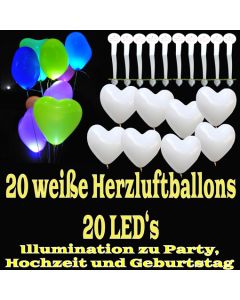 LED-Herzluftballons, Weiß, 20 Stück