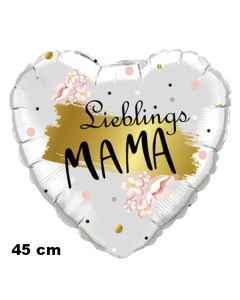 Lieblings-Mama. Herzluftballon in Weiß mit Gold, 45 cm, mit Helium