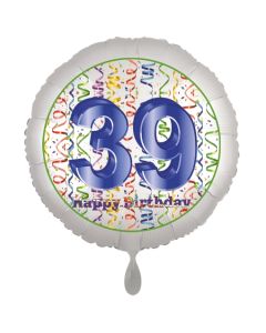 Luftballon aus Folie, Satin Luxe zum 39. Geburtstag, Rundballon weiß, 45 cm