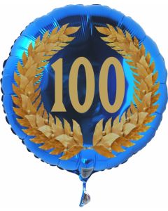 Luftballon aus Folie zum 100. Geburtstag, blauer Rundballon, Zahl 100 im Lorbeerkranz, inklusive Ballongas