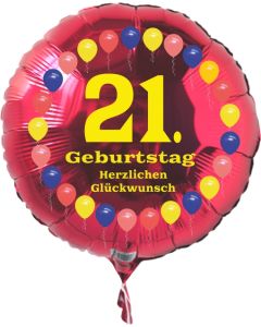 Luftballon aus Folie zum 21. Geburtstag, roter Rundballon, Balloons, Herzlichen Glückwunsch, inklusive Ballongas