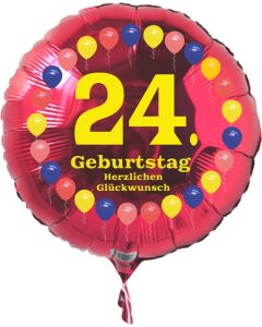 Luftballon aus Folie zum 24. Geburtstag, roter Rundballon, Balloons, Herzlichen Glückwunsch, inklusive Ballongas