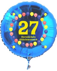 Luftballon aus Folie zum 27. Geburtstag, blauer Rundballon, Zahl 27, Balloons, Herzlichen Glückwunsch, inklusive Ballongas