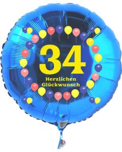 Luftballon aus Folie zum 34. Geburtstag, blauer Rundballon, Zahl 34, Balloons, Herzlichen Glückwunsch, inklusive Ballongas