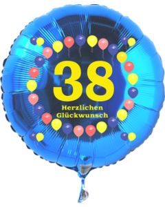 Luftballon aus Folie zum 38. Geburtstag, blauer Rundballon, Zahl 38, Balloons, Herzlichen Glückwunsch, inklusive Ballongas