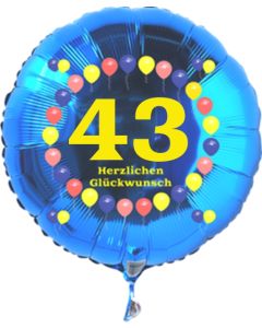 Luftballon aus Folie zum 43. Geburtstag, blauer Rundballon, Zahl 43, Balloons, Herzlichen Glückwunsch, inklusive Ballongas