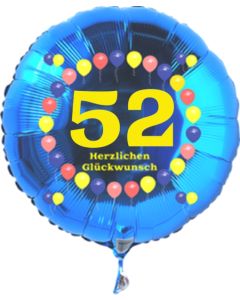 Luftballon aus Folie zum 52. Geburtstag, blauer Rundballon, Zahl 52, Balloons, Herzlichen Glückwunsch, inklusive Ballongas