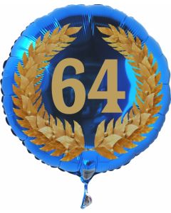 Luftballon aus Folie mit Ballongas, Zahl 64 im Lorbeerkranz, zum 64. Geburtstag, Jubiläum oder Jahrestag