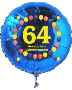 Luftballon aus Folie zum 64. Geburtstag, blauer Rundballon, Balloons, Herzlichen Glückwunsch, inklusive Ballongas
