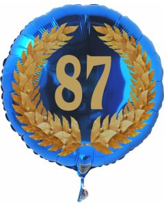 Luftballon aus Folie mit Ballongas, Zahl 87 im Lorbeerkranz, zum 87. Geburtstag, Jubiläum oder Jahrestag