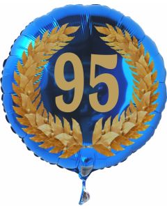 Luftballon aus Folie zum 95. Geburtstag, blauer Rundballon, Zahl 95 im Lorbeerkranz, inklusive Ballongas