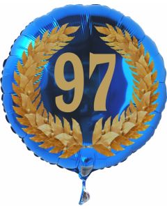 Luftballon aus Folie mit Ballongas, Zahl 97 im Lorbeerkranz, zum 97. Geburtstag, Jubiläum oder Jahrestag