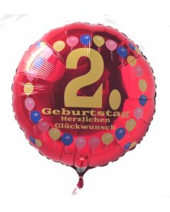 Luftballon aus Folie zum 2. Geburtstag, roter Rundballon, Balloons, Herzlichen Glückwunsch, inklusive Ballongas