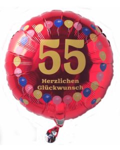 Luftballon aus Folie zum 55. Geburtstag, roter Rundballon, Balloons, Herzlichen Glückwunsch, inklusive Ballongas