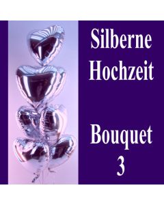 Silberne Hochzeit, Bouquet 3, silberne Herzluftballons mit Ballongas, Silberhochzeit Dekoration
