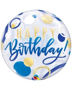 Luftballon aus PVC , Bubble Happy Birthday Blue & Gold Dots inklusive Helium