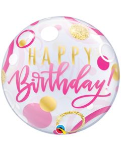 Luftballon aus PVC , Bubble Happy Birthday Pink & Gold Dots inklusive Helium
