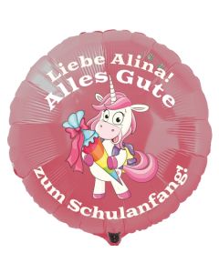 Alles Gute zum Schulanfang personalisierter rosa Luftballon mit Einhorn und Namen des Schulanfängers aus Folie inklusive Ballongas Helium