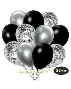 luftballons-30er-pack-10-silber-konfetti-und-10-metallic-schwarz-10-chrome-silber