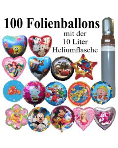 Folienballon-Maxi-Set-1, 100 Luftballons aus Folie mit der 10 Liter Ballongasflasche