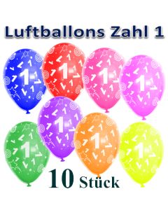 Luftballons Zahl 1 zum 1. Geburtstag, 10 Stück, bunt