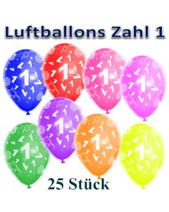 Luftballons Zahl 1 zum 1. Geburtstag, 25 Stück, bunt