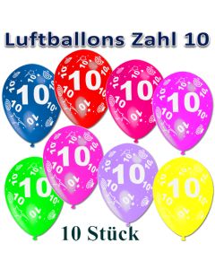 Luftballons Zahl 10 zum 10. Geburtstag, 10 Stück, bunt