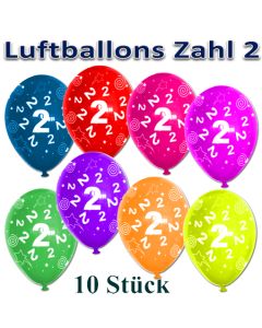 Luftballons Zahl 2 zum 2. Geburtstag, 10 Stück, bunt