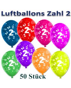 Luftballons Zahl 2 zum 2. Geburtstag, 50 Stück, bunt