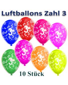 Luftballons Zahl 3 zum 3. Geburtstag, 10 Stück, bunt