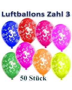 Luftballons Zahl 3 zum 3. Geburtstag, 50 Stück, bunt