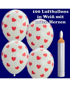 Luftballons Helium Maxi Set, 100 weiße Luftballons mit roten Herzen