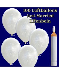 Ballons-Helium-Set-100-Luftballons-Just-Married-Elfenbein-und-10-Liter-Helium-Ballongasflasche-zur-Hochzeit