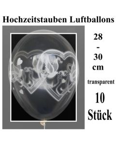 Luftballons mit Hochzeitstauben, Hochzeitsringen und Herzen, transparent, 28-30 cm