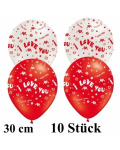 Luftballons I Love You, 30 cm, rot und weiß, 10 Stück
