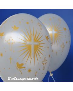 Luftballons in Weiß mit goldenen Religionssymbolen, zu Konfirmation und Kommunion
