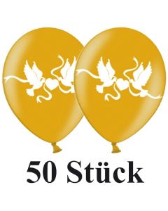 Luftballons 30 cm, Metallic, Gold mit Hochzeitstauben in Weiß, 50 Stück
