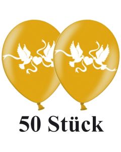 Luftballons 30 cm, Metallic, Gold mit Hochzeitstauben in Weiß, 50 Stück