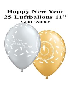 Luftballons zu Silvester und Neujahr, Happy New Year, gold, silber, 25 Stück